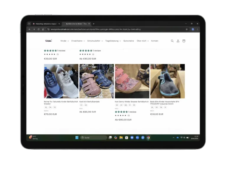 Kollektionsansicht mit vorhandenen Größen über Code eingepflegt