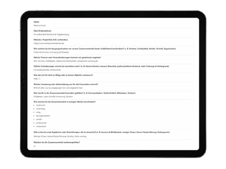 Feedbackbogen Projekt emmyroohandmade.de