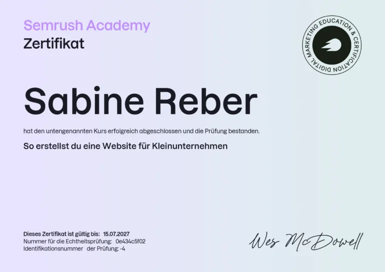 Über mich – Sabine Reber | Website, SEO & Sichtbarkeit 5 Zertifikat Website erstellen KMU Sabine Reber