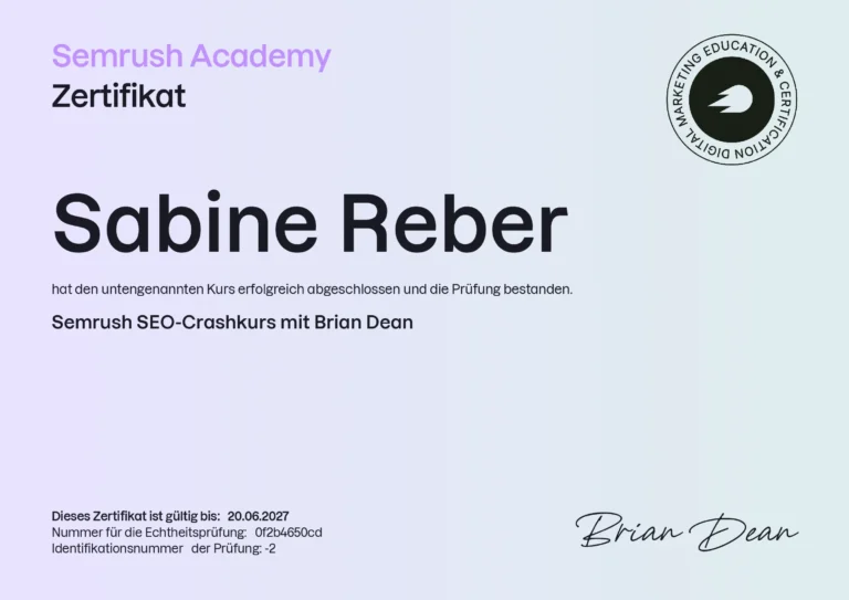Über mich – Sabine Reber | Website, SEO & Sichtbarkeit 3 Semrush Zertifikat SEO-Crashkurs Sabine Reber